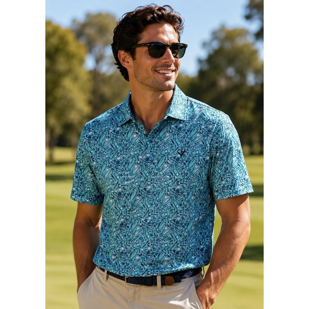 Callaway Golf Polo Men's Size XL Blue Opti-Dri Tropical Cocktail Mixology Print